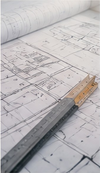 Rolled site plans and a land development drawing with a scale ruler