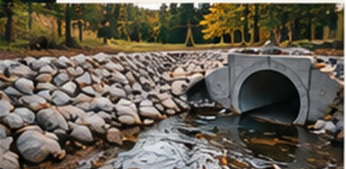 Circular concrete culvert pipe with rock armoring and a shallow stream