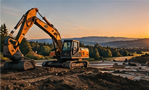 Excavator on a construction site at sunset