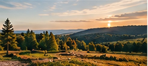 Open meadow and rolling hills at sunset