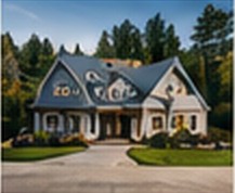 Two-story single-family home with a gabled roof among tall trees
