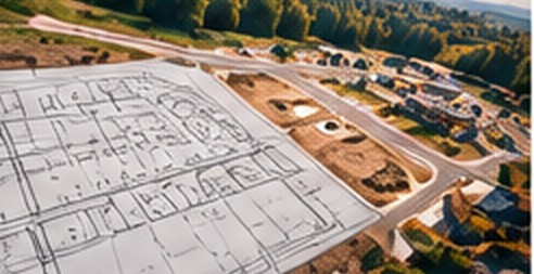 Aerial view of a land development site overlaid with a translucent site plan drawing
