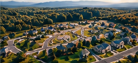 Aerial view of a residential subdivision with curved streets and cul-de-sacs